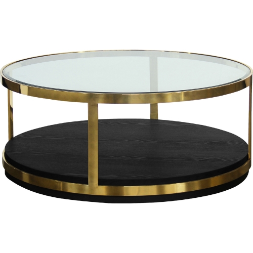 Hattie Coffee Table in Tempered Glass, Black Wood & Brushed Gold Steel