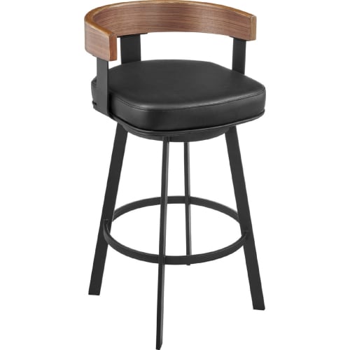 Idris 26" Swivel Counter Stool in Black Iron, Walnut Finish & Vintage Black Leatherette