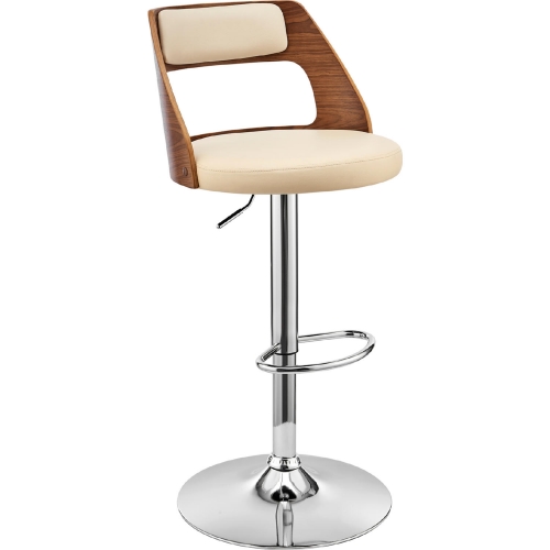 Itzan Adjustable Height Swivel Bar Stool in Cream Leatherette & Walnut Finish & Chrome