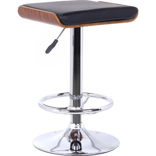 Java Adjustable Height Bar Stool in Chrome Base w/ Walnut Wood & Black Leatherette Seat