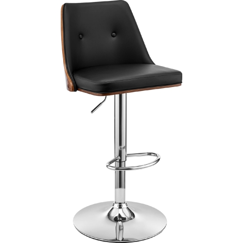 Jacob Adjustable Height Swivel Bar Stool in Black Leatherette & Walnut Finish & Chrome