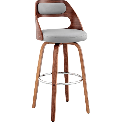 Julius 30" Swivel Bar Stool in Gray Leatherette & Walnut Wood