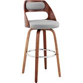 Julius 30" Swivel Bar Stool in Gray Leatherette & Walnut Wood