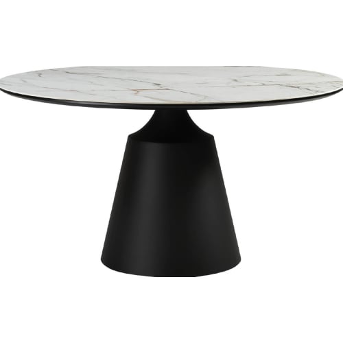 Knox 55" Round Dining Table in White Stone & Black Metal