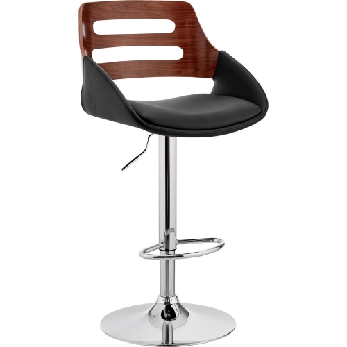 Karter Adjustable Height Bar Stool in Black Leatherette, Walnut & Chrome