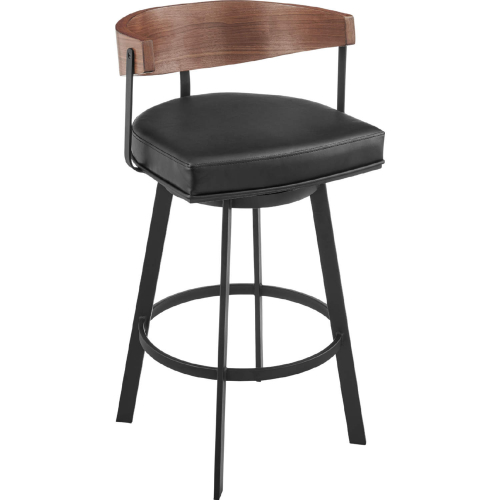 Lacey 26" Swivel Counter Stool in Black Iron, Walnut Finish & Vintage Black Leatherette