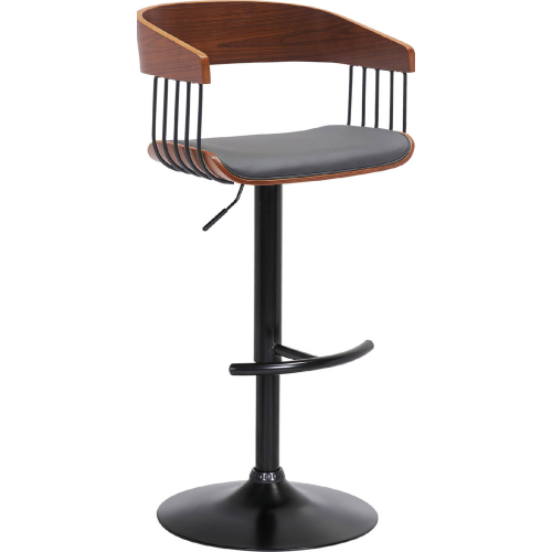 Larisa Adjustable Height Bar Stool in Gray Leatherette, Walnut Wood & Black Metal