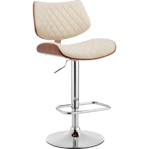 Leland Adjustable Height Bar Stool in Cream Leatherette, Walnut & Chrome