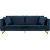 Lenox Sofa in Blue Velvet with Antique Brass Legs