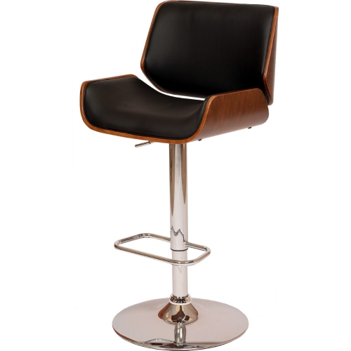 London Adjustable Height Swivel Bar Stool in Black Leatherette w/ Walnut Veneer Back on Chrome