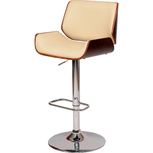 London Adjustable Height Swivel Bar Stool in Cream Leatherette w/ Walnut Veneer Back on Chrome