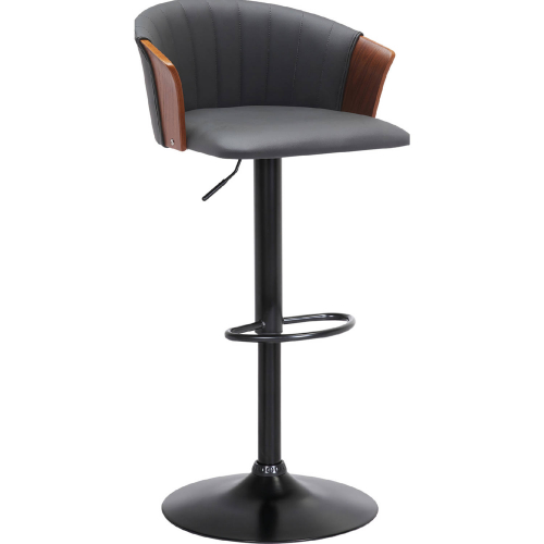 Lydia Adjustable Height Bar Stool in Gray Leatherette, Walnut Wood & Black Metal