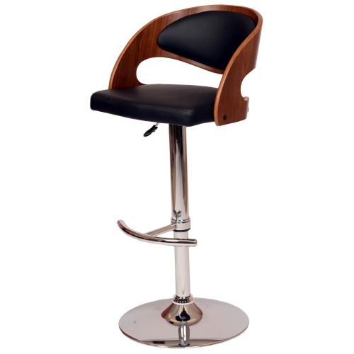 Malibu Adjustable Height Swivel Bar Stool in Black Leatherette w/ Walnut Veneer Back on Chrome