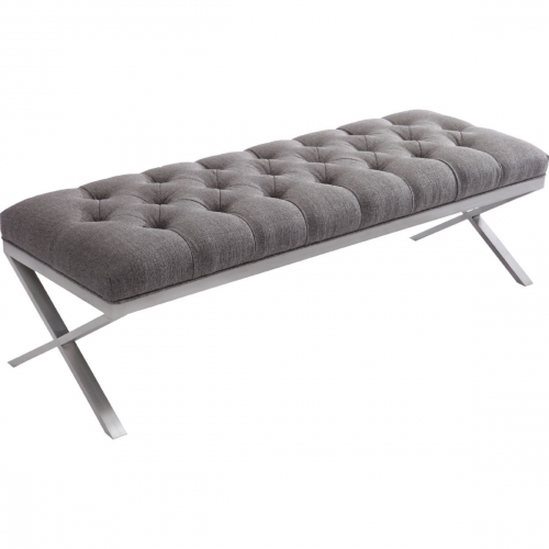 Milo Bench in Brushed Steel X Base w/ Tufted Grey Fabric Top