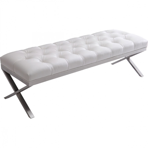 Milo Bench in Brushed Steel X Base w/ Tufted White Leatherette Top