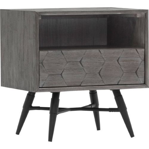 Makena 1 Drawer Night Stand in Grey Acacia Wood & Black Metal