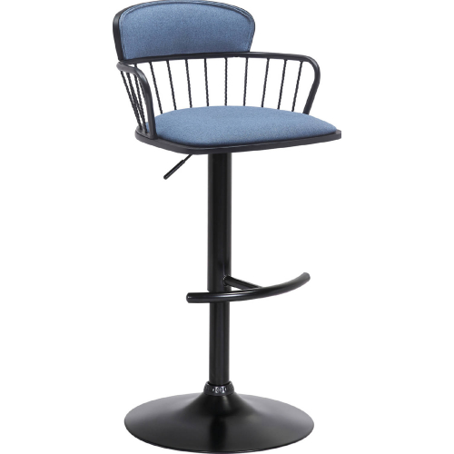 Nash Adjustable Height Bar Stool in Black Wood, Blue Fabric & Black Metal