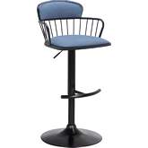 Nash Adjustable Height Bar Stool in Black Wood, Blue Fabric & Black Metal