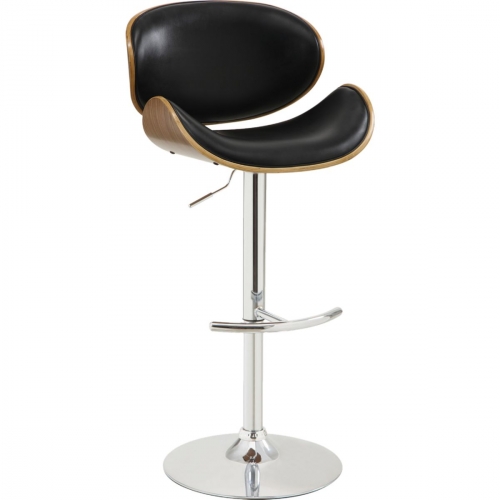 Naples Adjustable Height Bar Stool in Chrome Finish w/ Black Leatherette & Walnut Veneer Back