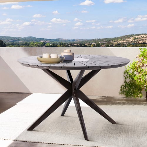 Oasis Outdoor 47" Round Dining Table in Dark Eucalyptus Wood & Gray Super Stone