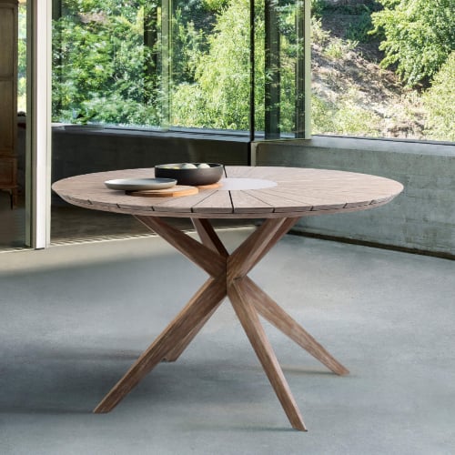 Oasis Outdoor 47" Round Dining Table in Light Eucalyptus Wood & Gray Super Stone