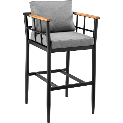 Orlando Outdoor Bar Stool in Black Aluminum, Teak & Grey Fabric (Set of 2)