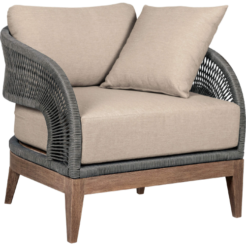 Orbit Outdoor Accent Chair in Weathered Eucalyptus Wood, Gray Rope & Taupe Olefin Fabric