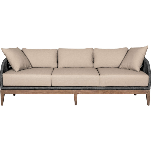 Orbit Outdoor Sofa in Weathered Eucalyptus Wood with Gray Rope and Taupe Olefin Fabric