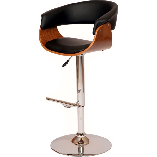 Paris Adjustable Height Swivel Bar Stool on Curved Walnut Base w/ Black Leatherette Seat & Back