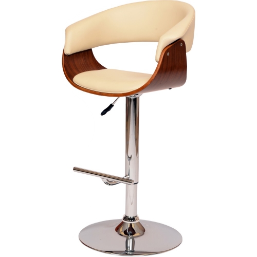 Paris Adjustable Height Swivel Bar Stool on Curved Walnut Base w/ Cream Leatherette Seat & Back