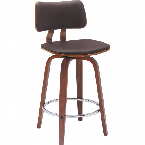 Pico 26" Swivel Counter Stool in Walnut Wood, Brown Leatherette & Chrome