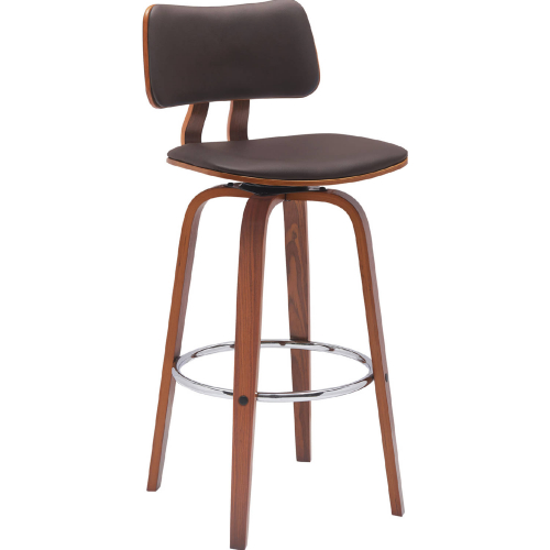 Pico 30" Swivel Bar Stool in Walnut Wood, in Brown Leatherette & Chrome