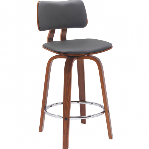 Pico 26" Swivel Counter Stool in Walnut Wood, Gray Leatherette & Chrome