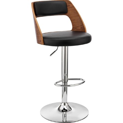 Paulo Adjustable Height Swivel Bar Stool in Black Leatherette & Walnut Finish & Chrome