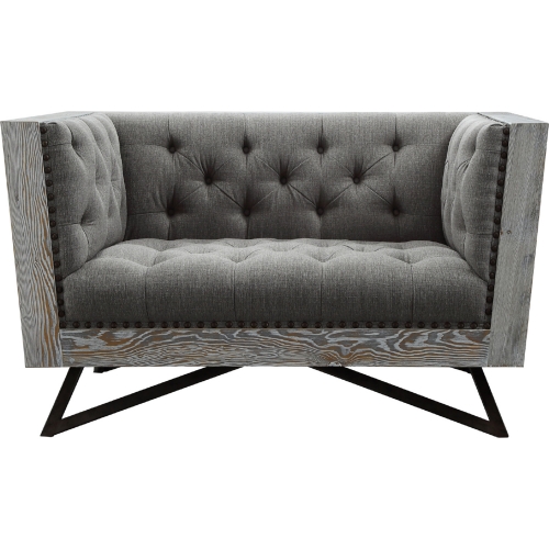 Regis Arm Chair in Tufted Grey Linen on Exposed Wood Frame