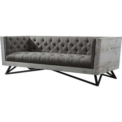 Regis Sofa in Tufted Grey Linen on Exposed Wood Frame