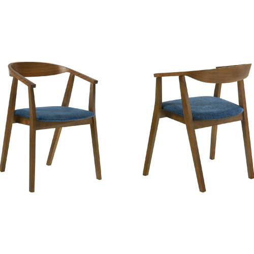 Santana Dining Chair in Walnut Finish Wood & Blue Fabric (Set of 2)