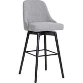 Sicily 30" Swivel Bar Stool in Light Gray Fabric, Black Wood & Black Metal