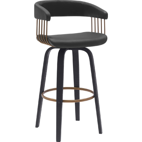 Topanga 30.5" Swivel Bar Stool in Black Leatherette, Black Wood & Bronze