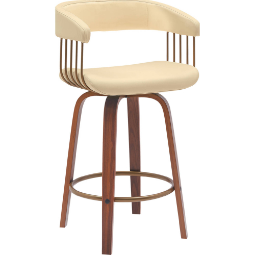 Topanga 26" Swivel Counter Stool in Cream Leatherette, Walnut Wood & Bronze