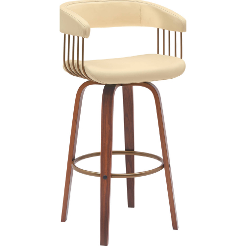 Topanga 30.5" Swivel Bar Stool in Cream Leatherette, Walnut Wood & Bronze