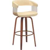 Topanga 30.5" Swivel Bar Stool in Cream Leatherette, Walnut Wood & Bronze