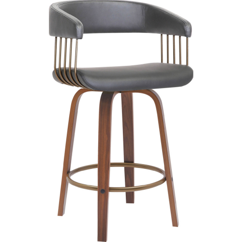 Topanga 26" Swivel Counter Stool in Gray Leatherette, Walnut Wood & Bronze