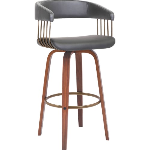 Topanga 30.5" Swivel Bar Stool in Gray Leatherette, Walnut Wood & Bronze