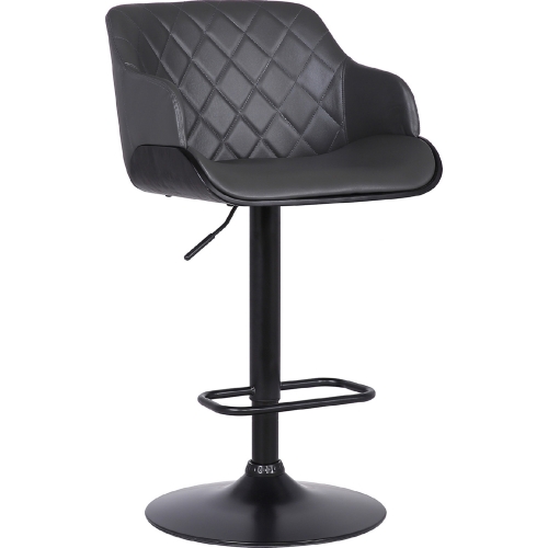 Toby Adjustable Height Bar Stool in Quilted Grey Leatherette, Black Wood & Black Metal