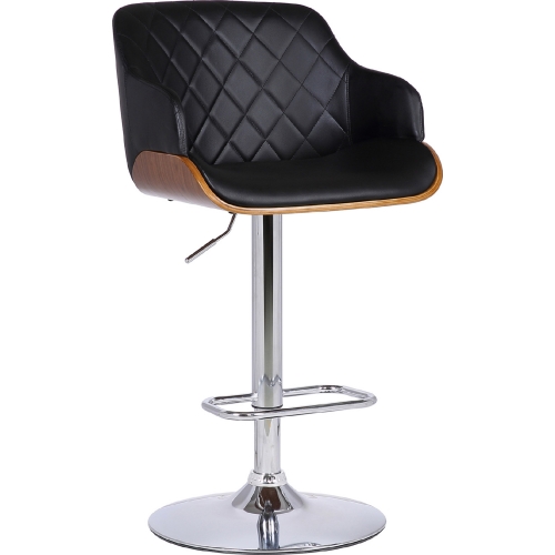 Toby Adjustable Height Bar Stool in Quilted Black Leatherette, Walnut & Chrome