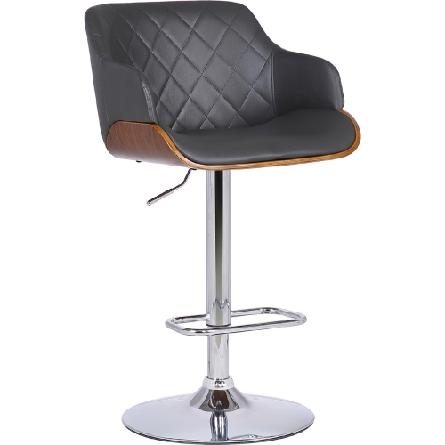 Toby Adjustable Height Bar Stool in Quilted Grey Leatherette, Walnut & Chrome