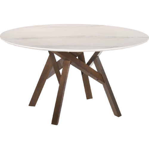 Venus 54" Round Dining Table in White Marble Look & Walnut Finish