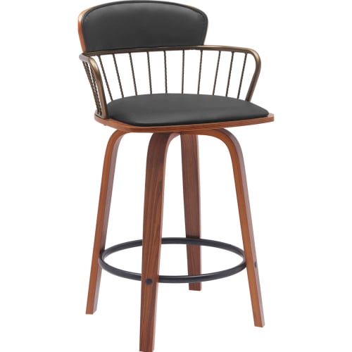 Willow 25.5" Swivel Counter Stool in Walnut Wood, Black Leatherette & Bronze