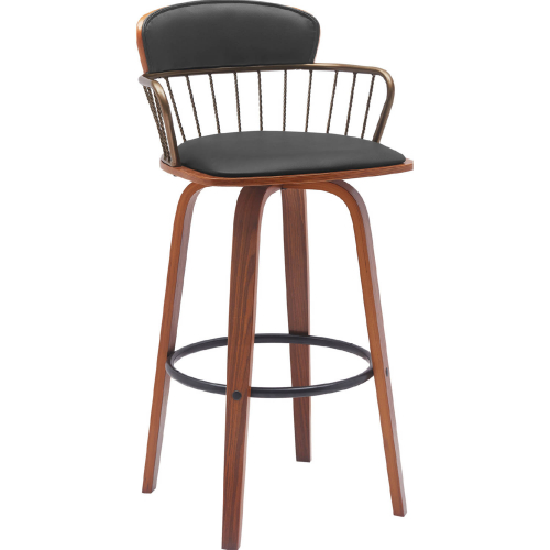 Willow 30" Swivel Bar Stool in Walnut Wood, Black Leatherette & Bronze